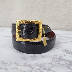 Kleinberg Sherrill Vintage Black Lizard Textured Leather Belt with Gold Buckle